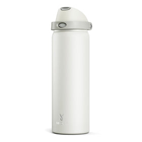Meoky 32oz insulated bottle with two-in-one lid close-up showing flip straw and push-button spout