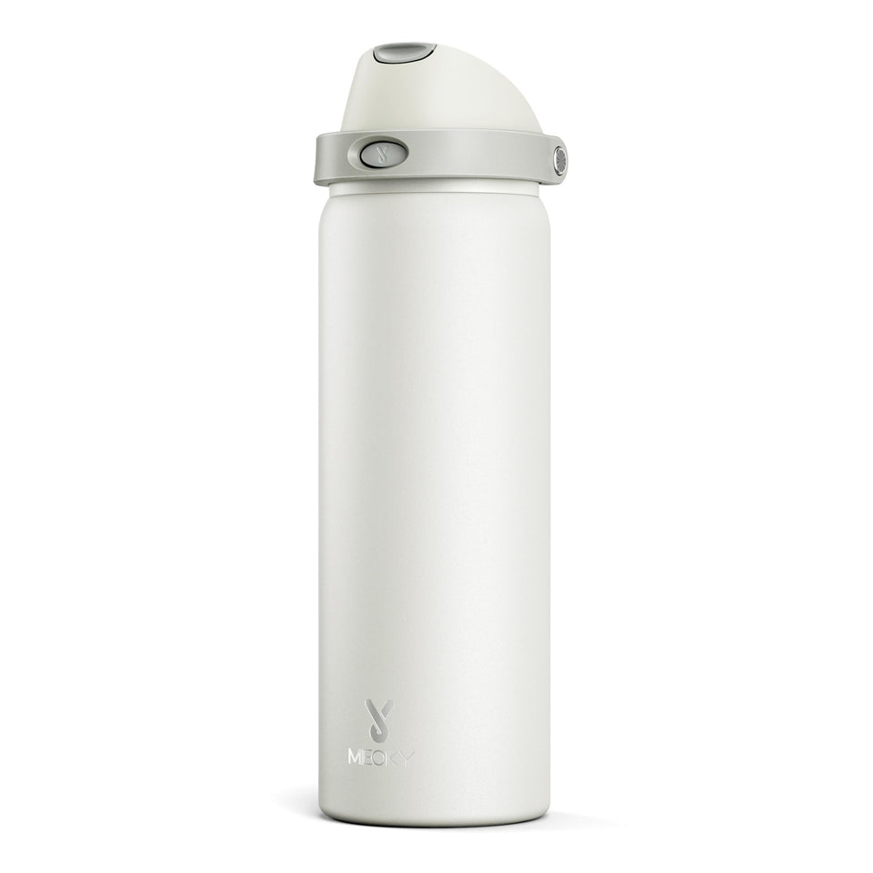 Meoky 32oz insulated bottle with two-in-one lid close-up showing flip straw and push-button spout