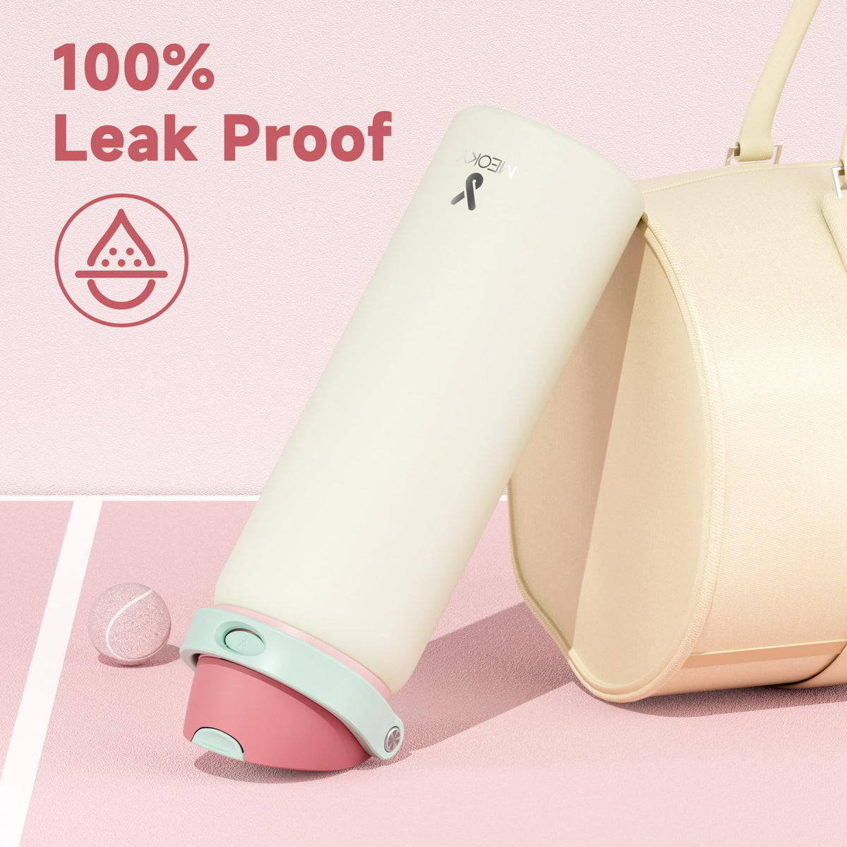 Meoky bottle with protective silicone base to prevent dents.