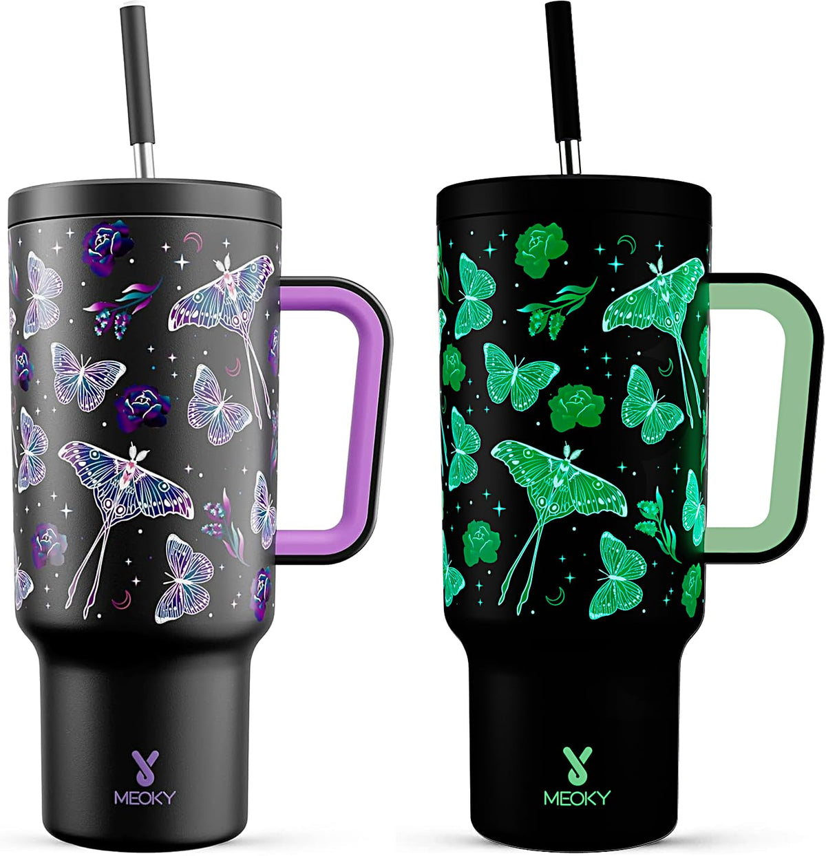 Meoky 40oz glow-in-the-dark tumbler with butterfly design glows after light exposure