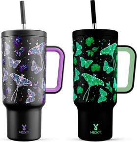 Meoky 40oz glow-in-the-dark tumbler with butterfly design glows after light exposure