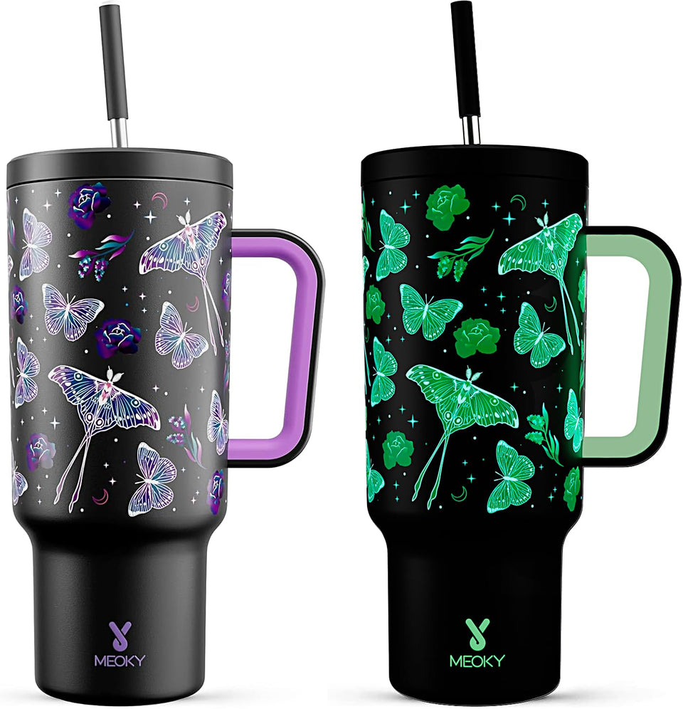 Meoky 40oz glow-in-the-dark tumbler with butterfly design glows after light exposure