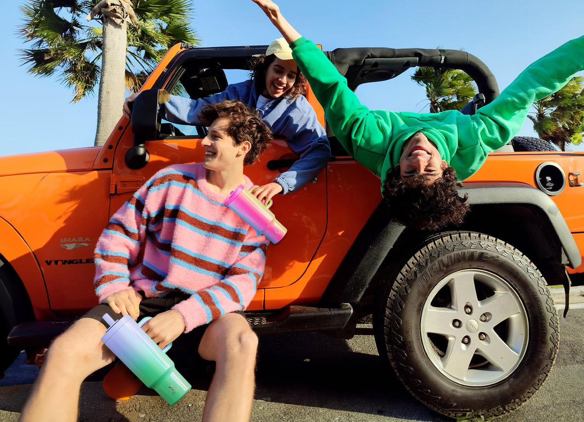 Meoky tumbler angled view demonstrates cupholder compatibility for car and desk use.