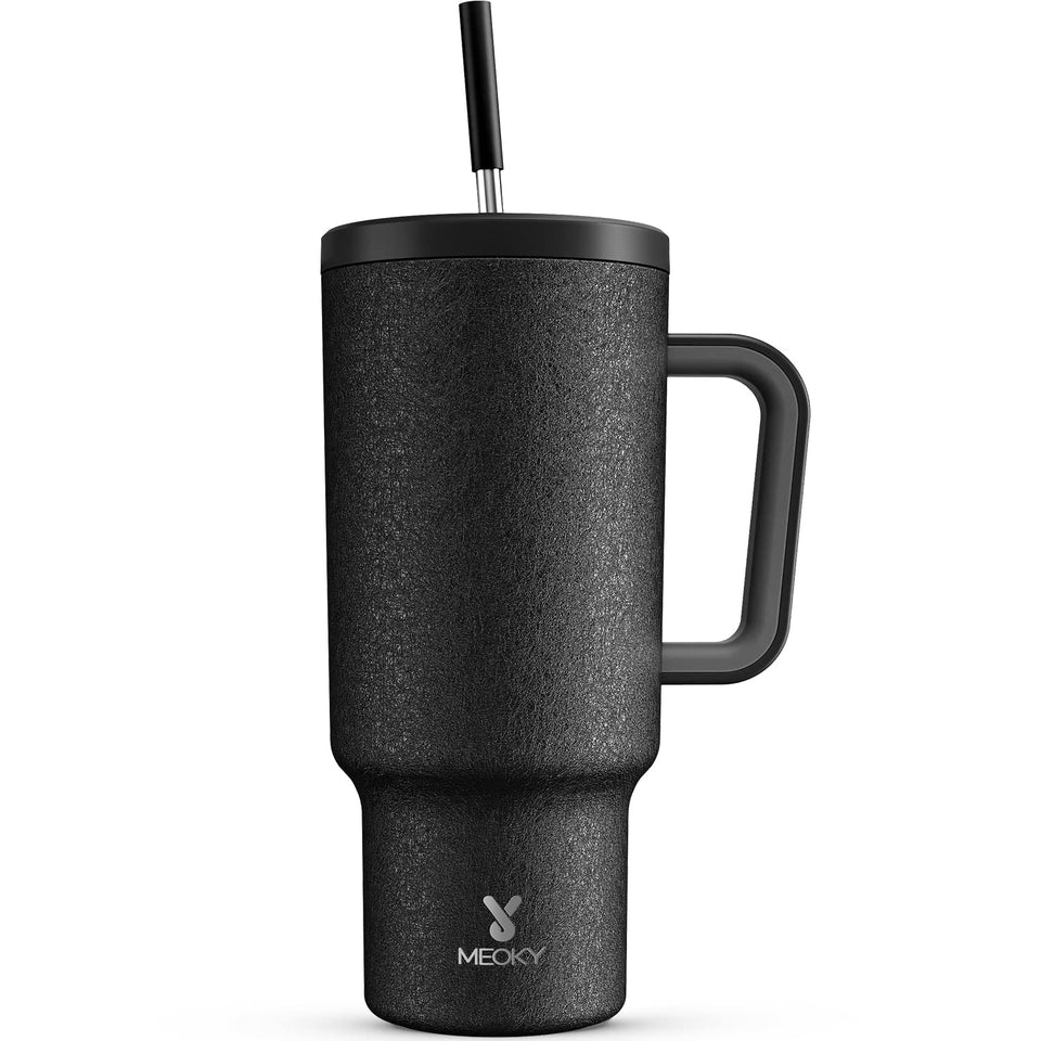 Meoky 40oz tumbler with Night finish shows leak-proof lid on the go for travel.