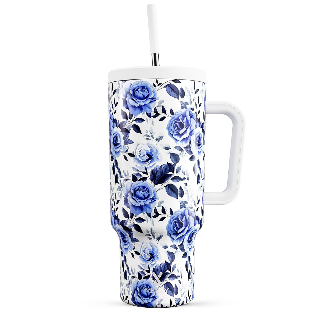 Meoky 40 oz tumbler with handle and straw in blue rose for easy filling and sipping.