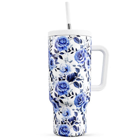 Meoky 40 oz tumbler with handle and straw in blue rose for easy filling and sipping.