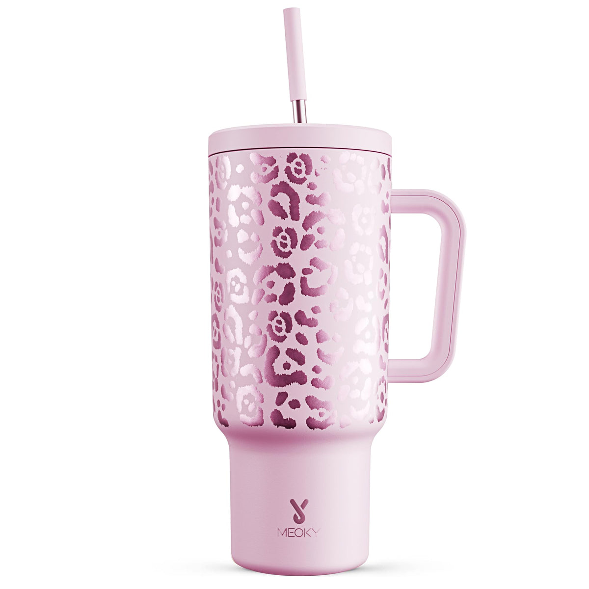 Meoky 40oz tumbler with pink leopard pattern offers a comfortable grip for travel.