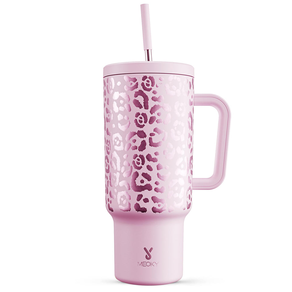 Meoky 40oz tumbler with pink leopard pattern offers a comfortable grip for travel.