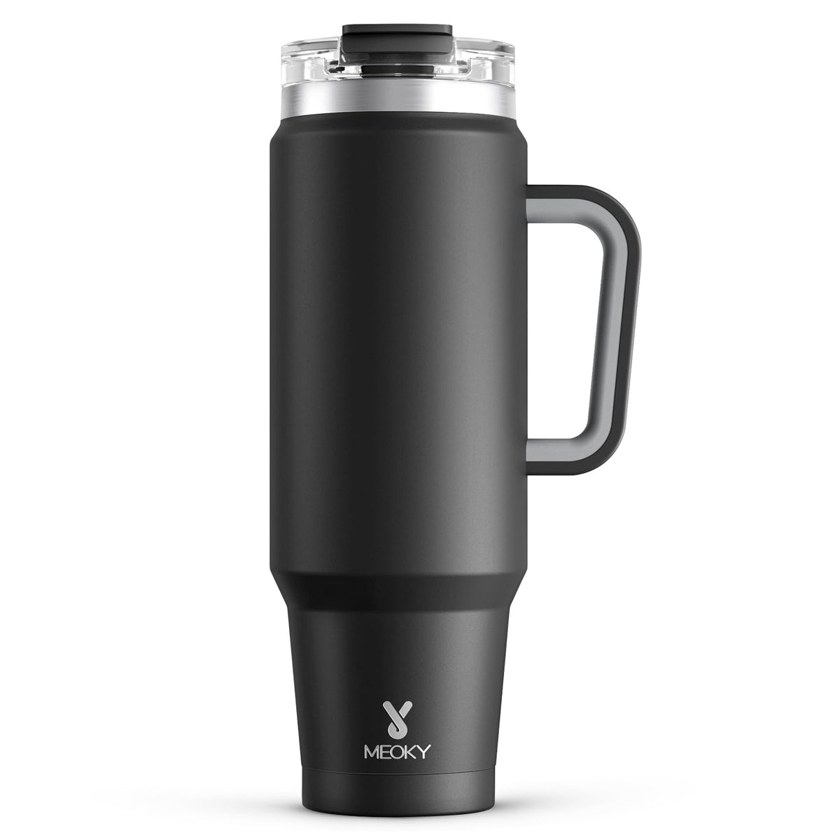 Meoky 40 oz tumbler with handle and straw keeps drinks cold during outdoor use.