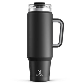 Meoky 40 oz tumbler with handle and straw keeps drinks cold during outdoor use.