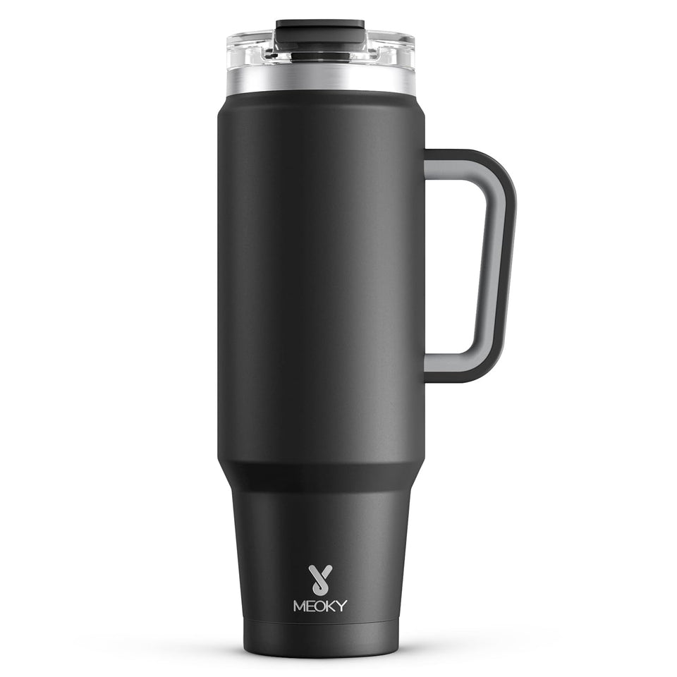 Meoky 40 oz tumbler with handle and straw keeps drinks cold during outdoor use.