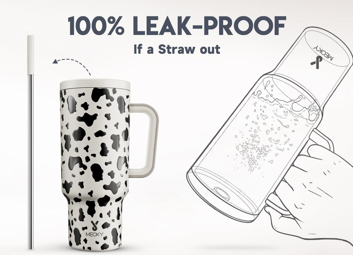 Insulated stainless steel Meoky tumbler preserves temperature for long days.