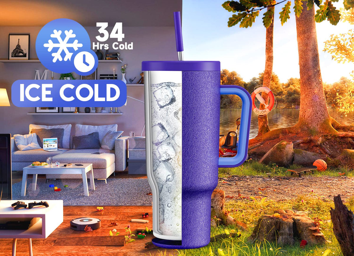 Meoky 40oz tumbler with leak-proof lid keeps drinks secure during travel.