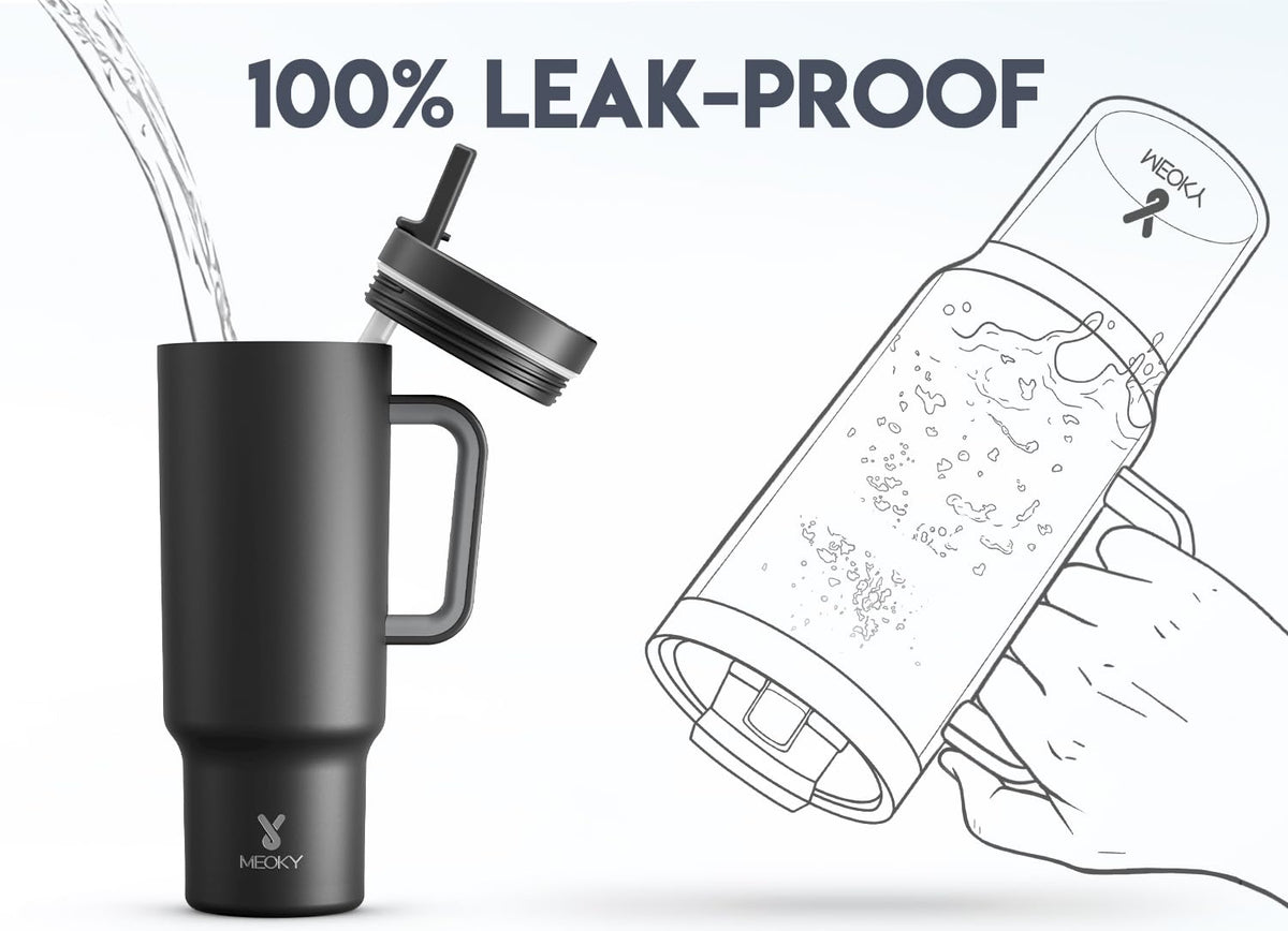 Meoky 40 oz tumbler with closed lid for spill prevention during travel.