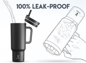 Meoky 40 oz tumbler with closed lid for spill prevention during travel.