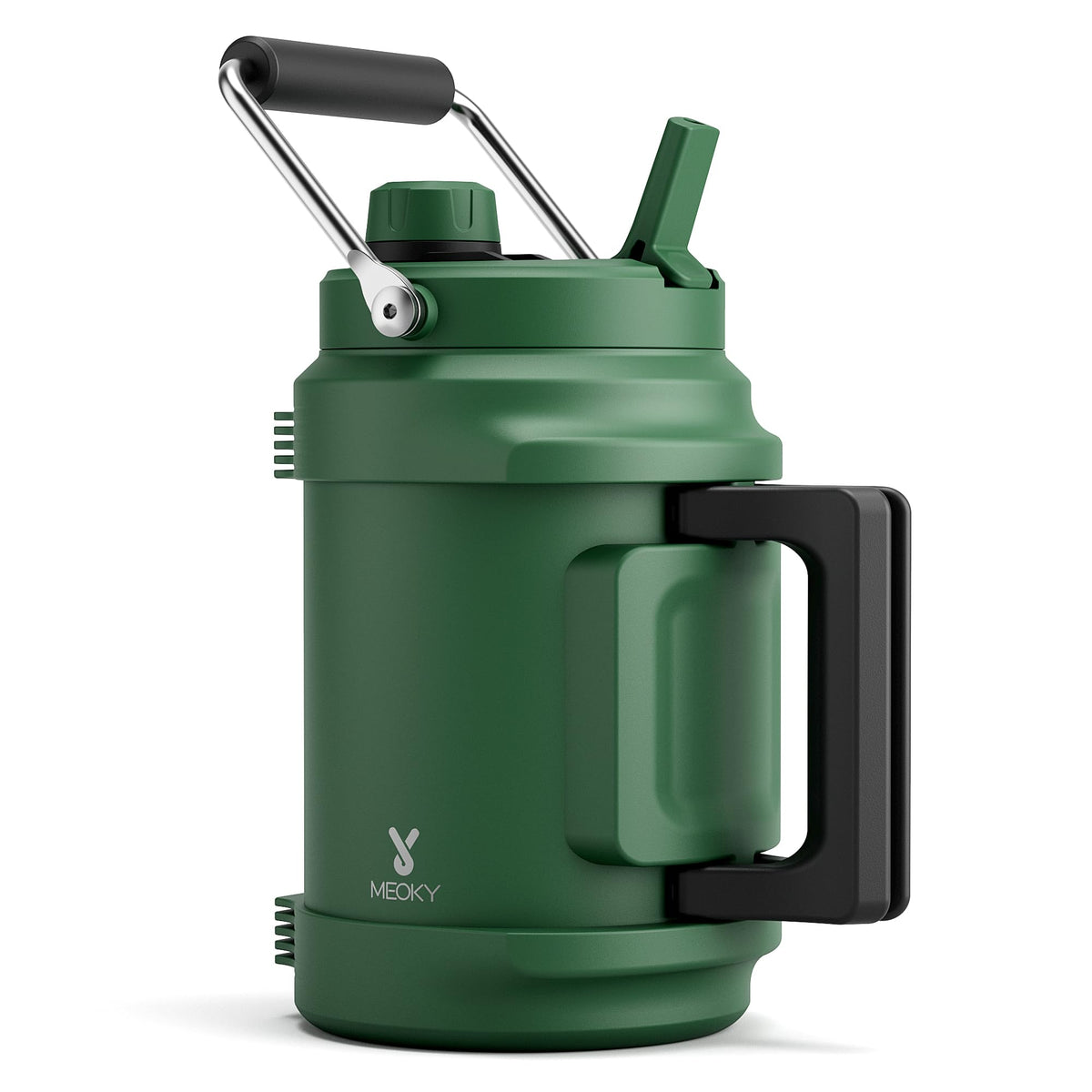 Meoky 64 oz insulated bottle for camping, rugged front view, keeps drinks cold on outdoor trips.