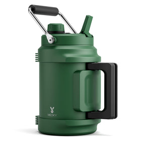 Meoky 64 oz insulated bottle for camping, rugged front view, keeps drinks cold on outdoor trips.