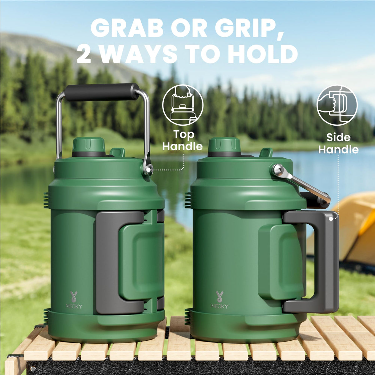 Meoky bottle with fold-out side handle for secure grip during hikes.