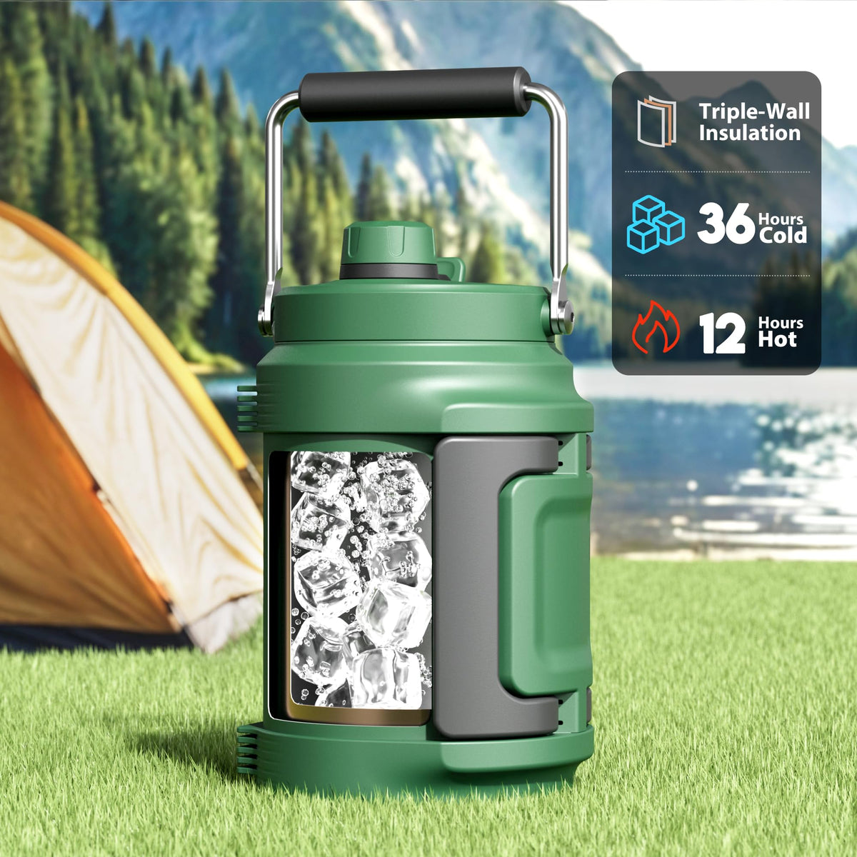 Meoky 64 oz bottle with top handle extended for easy carry on trails.