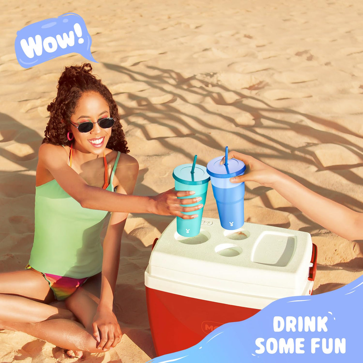 Lightweight, stackable Meoky cups simplify packing for beach and pool days.