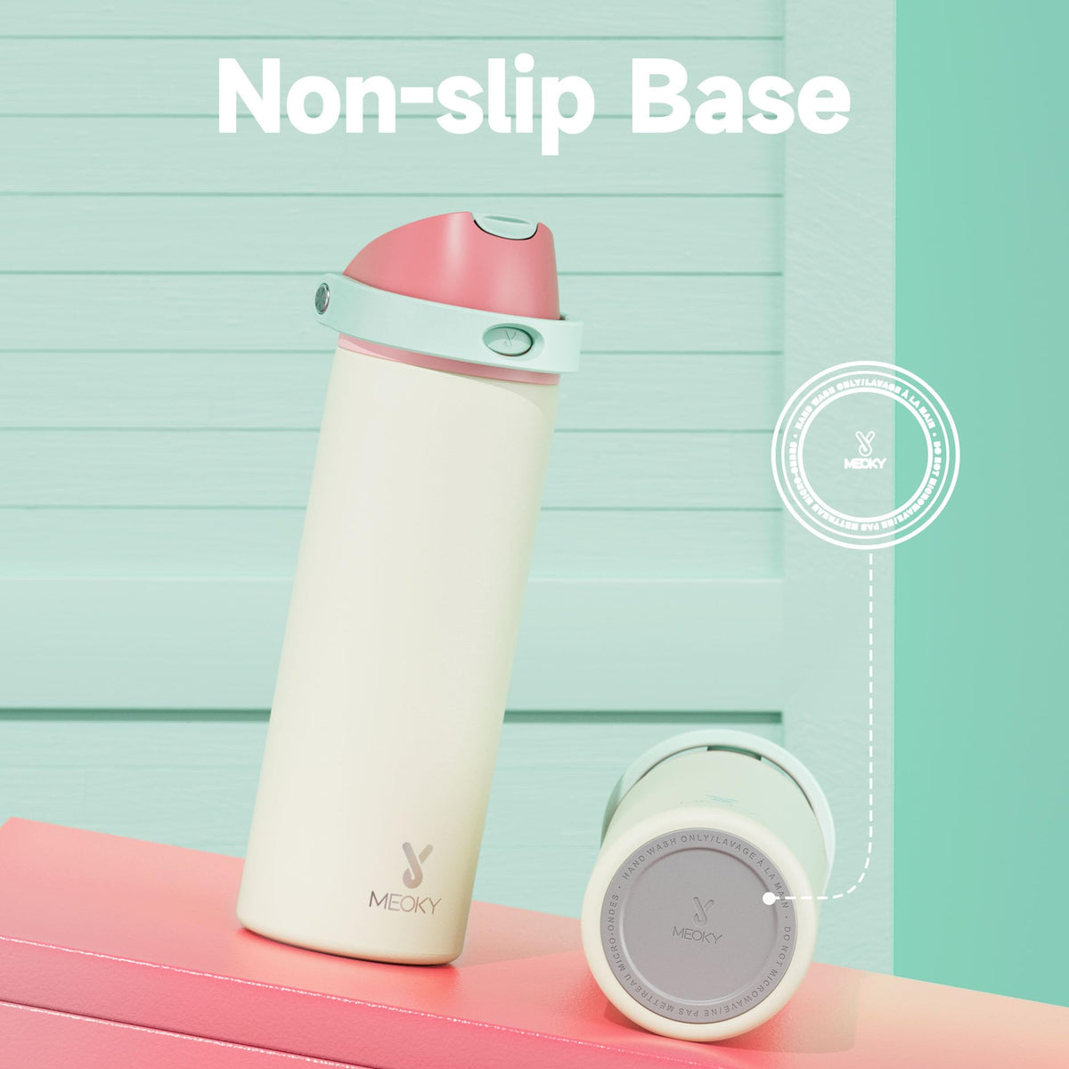 Meoky bottle fits most car cup holders for on-the-go use.