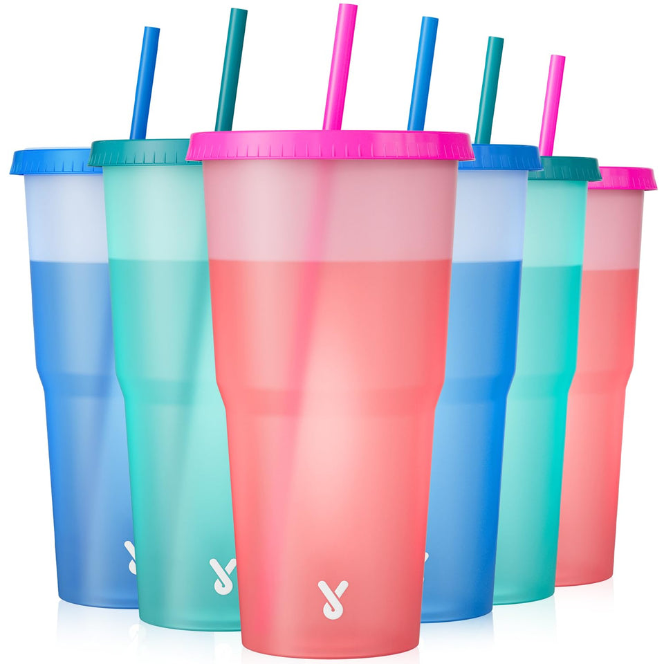 Meoky color-changing cups 40oz tumbler show vibrant hues when filled cold for entertaining beverages.