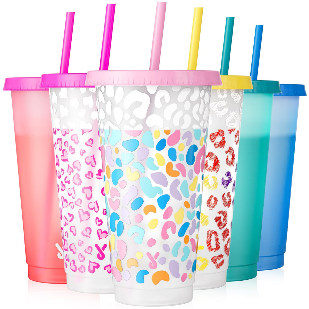 Meoky color-changing cups 6-pack with lids and straws for vibrant party beverages