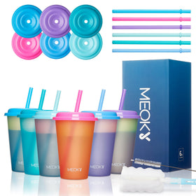 Meoky color-changing cups showcase safe materials and reusable benefits.