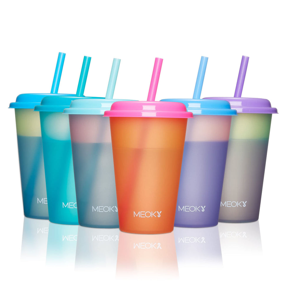 Meoky color changing cups with lids and straws show a magical color shift when cold, great for kids.