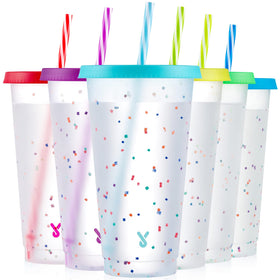 Meoky confetti color-changing cups reveal ice-cold beverages with a vibrant visual effect.