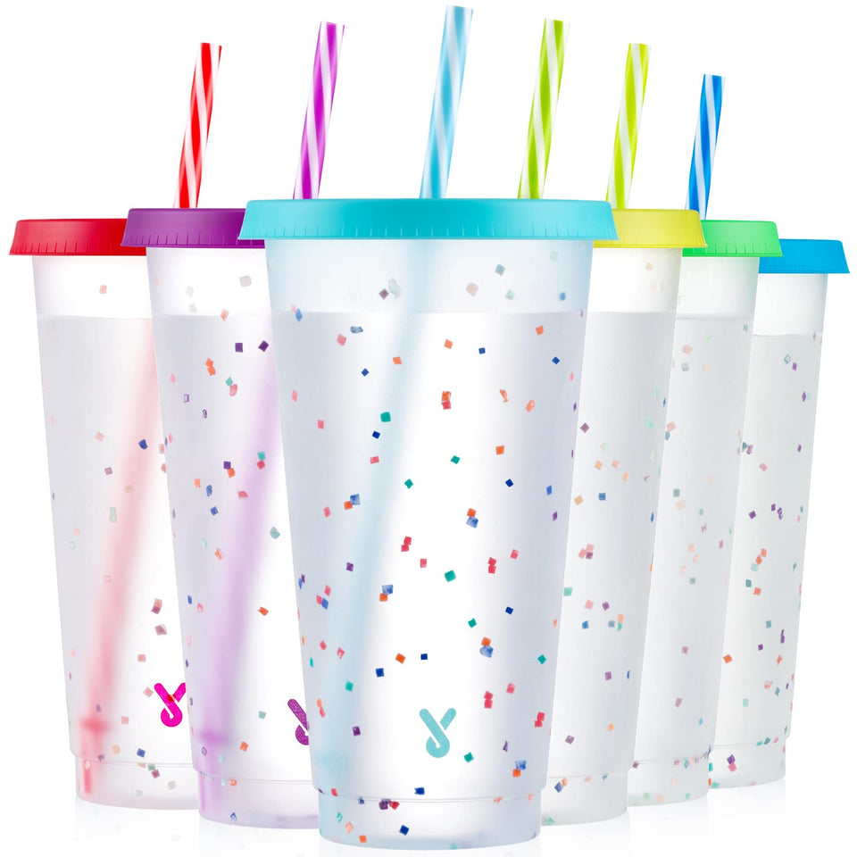 Meoky confetti color-changing cups reveal ice-cold beverages with a vibrant visual effect.