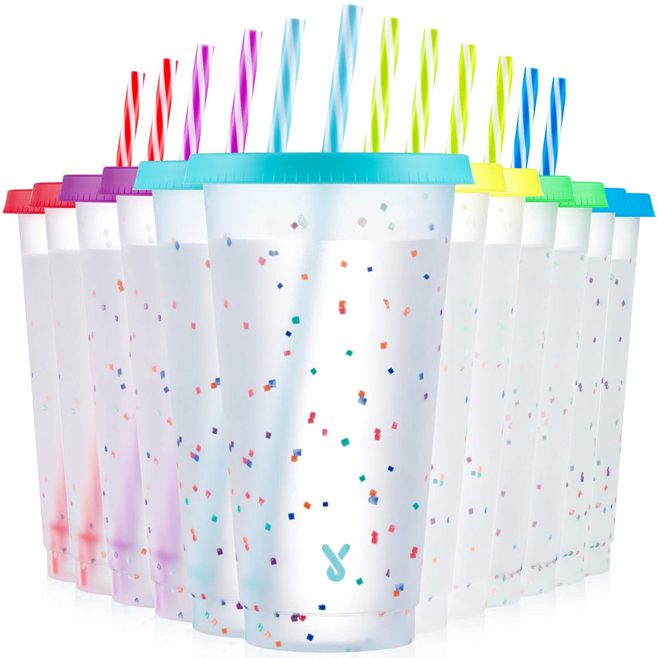 Meoky confetti color changing cups with lids and straws for cold drinks