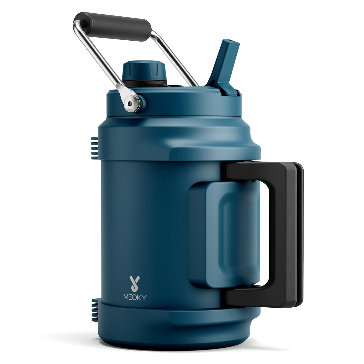 Meoky 64 oz bottle with top handle for easy carrying on hikes.