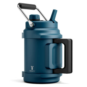 Meoky 64 oz bottle with top handle for easy carrying on hikes.