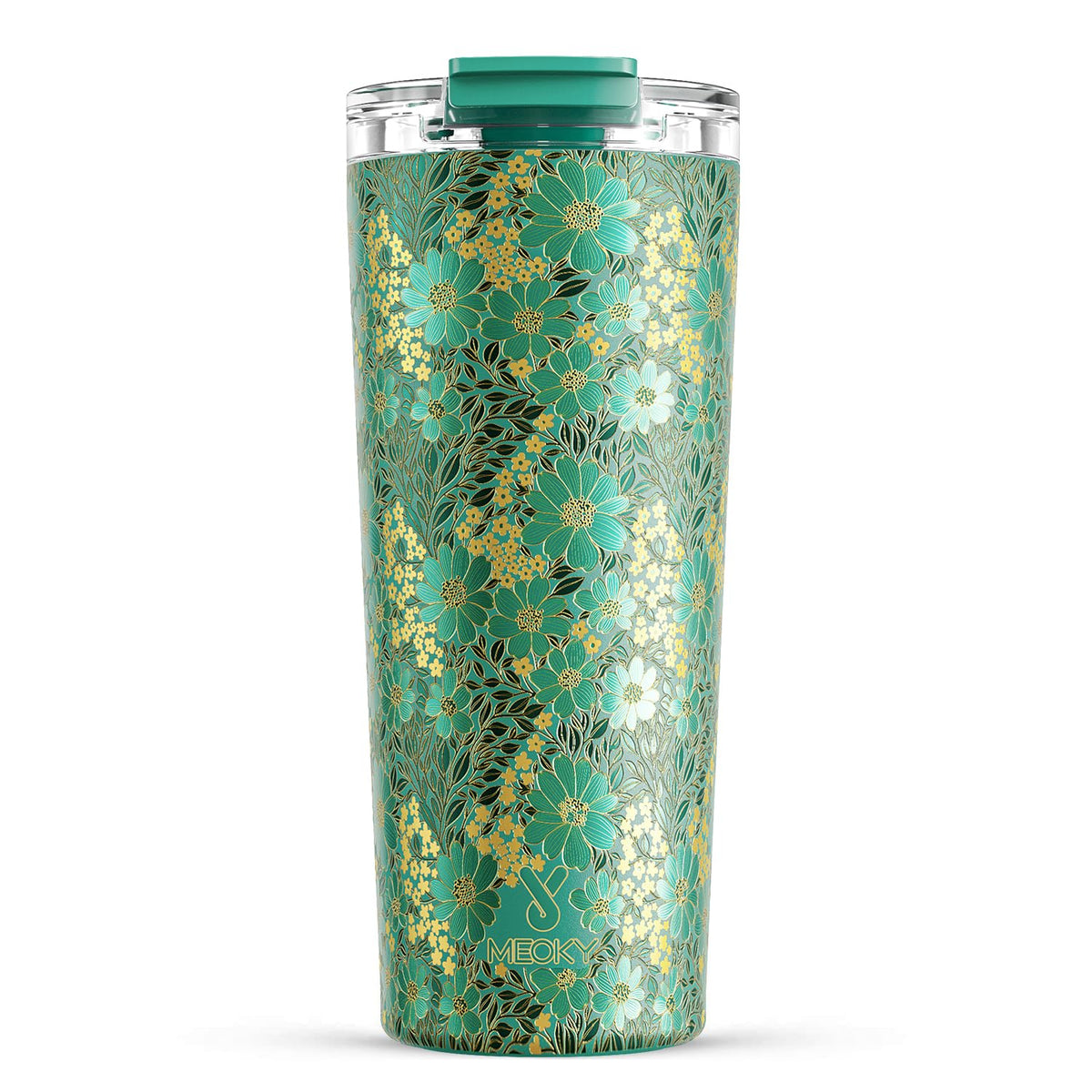 Meoky Emerald Bloom travel mug with leak-proof lid for spill-free commuting.