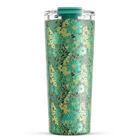 Meoky Emerald Bloom travel mug with leak-proof lid for spill-free commuting.