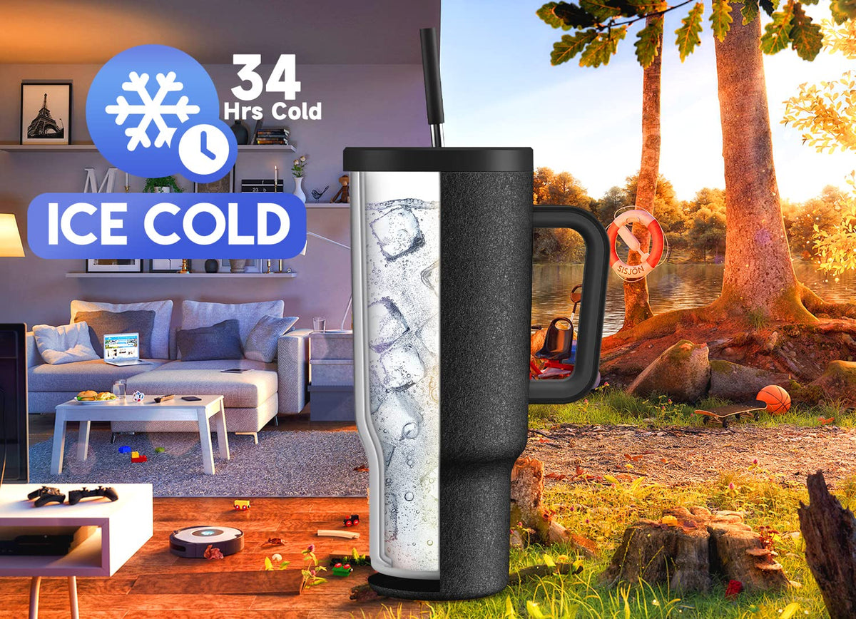 Meoky insulated stainless steel travel mug keeps beverages cold longer.