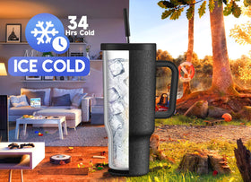 Meoky insulated stainless steel travel mug keeps beverages cold longer.