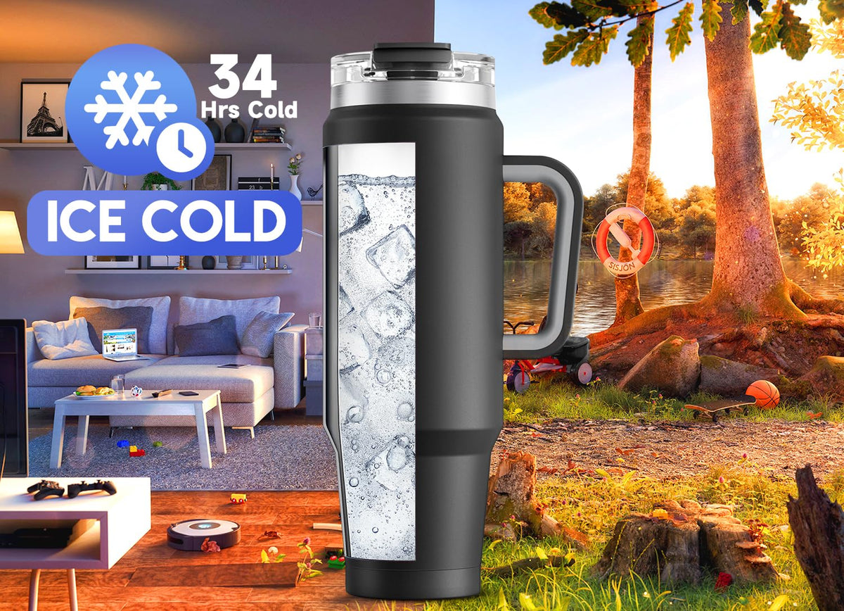 Meoky insulated tumbler with lid and straw demonstrates leak-proof performance on the go.