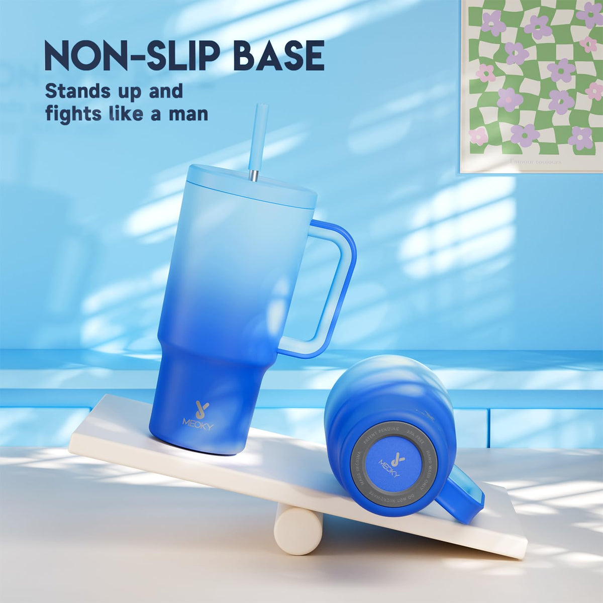 Meoky leak-proof lid prevents spills during travel.