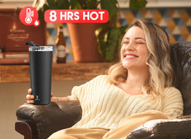 Meoky night travel mug demonstrates double-wall insulation keeps drinks cold for up to 24 hours.