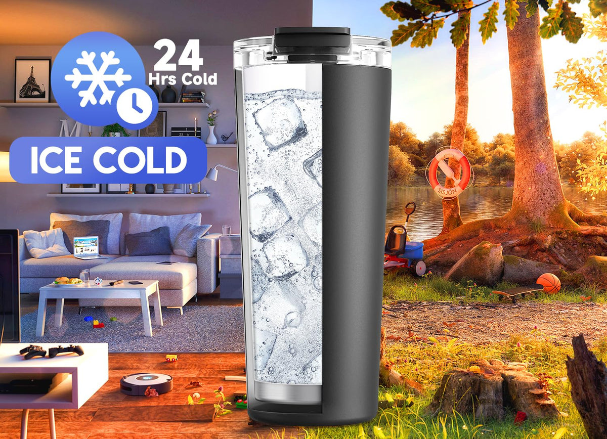 Meoky night stainless steel tumbler shown with straw lid option for versatile sipping.