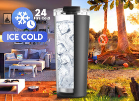 Meoky night stainless steel tumbler shown with straw lid option for versatile sipping.