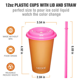 Meoky color-changing cups shown with splash-proof lid for spill-free outdoor use.