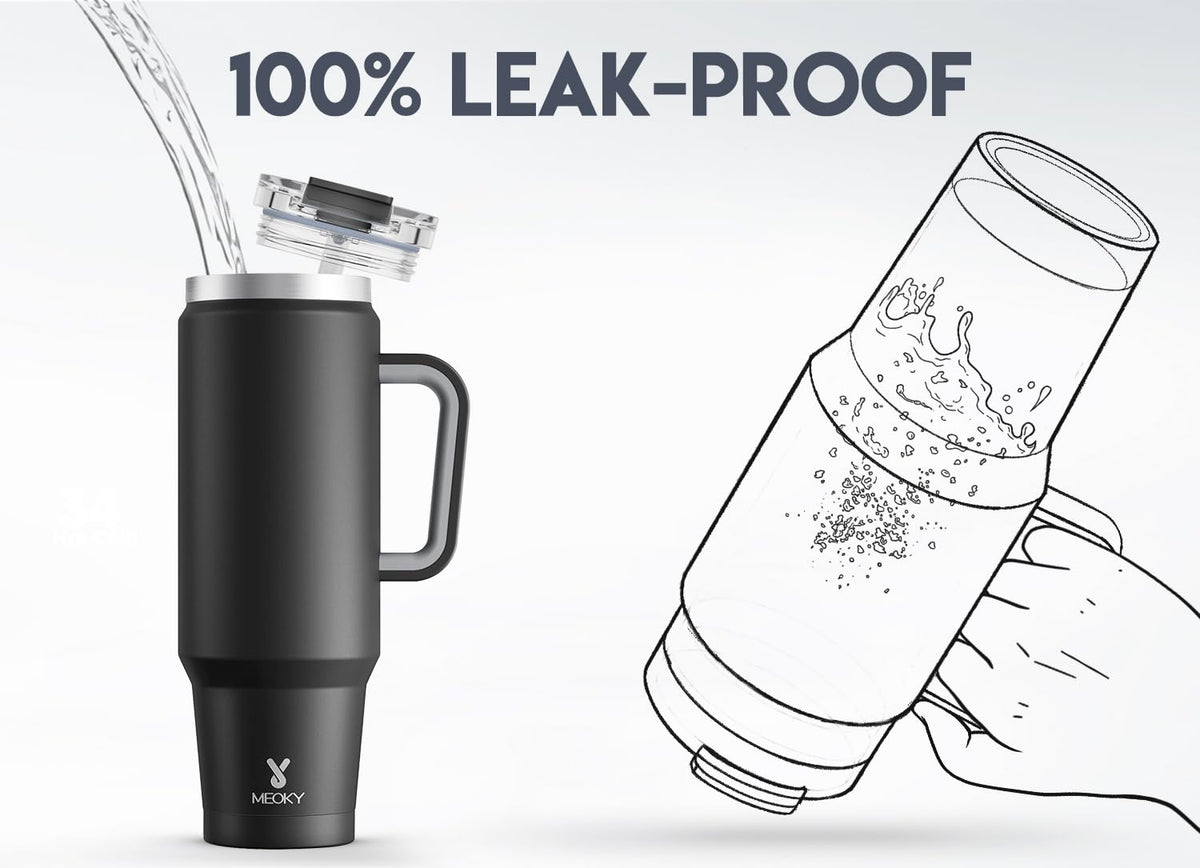 Meoky stainless steel travel mug fits car cup holders for easy commuting.