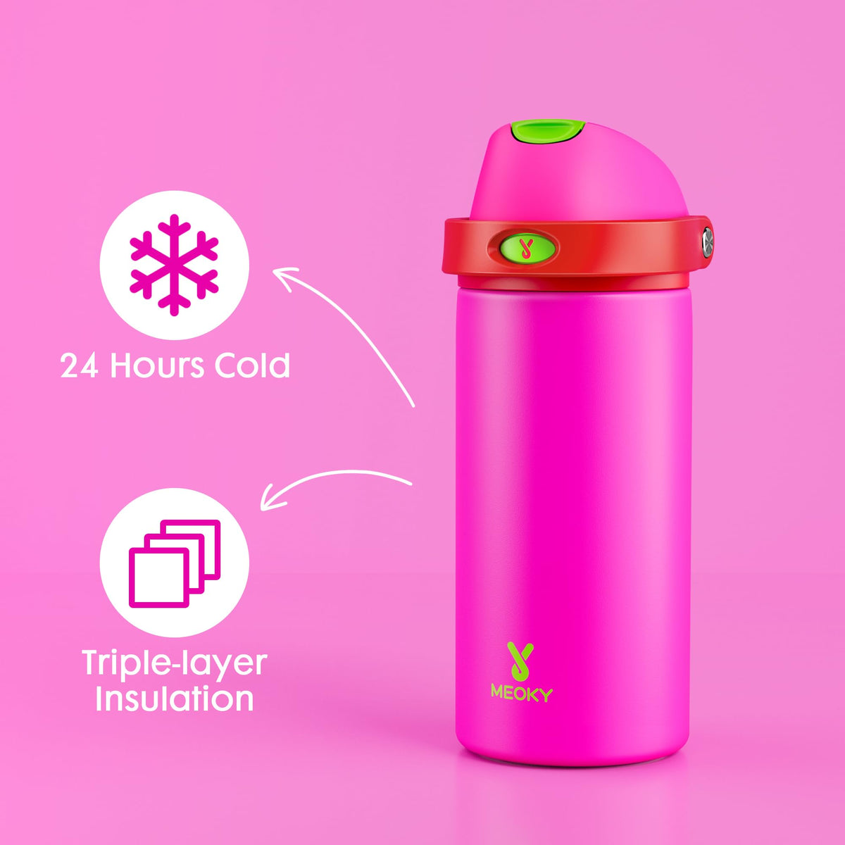 Meoky twenty-four-hours cold double-wall keeps drinks refreshingly cool all day.