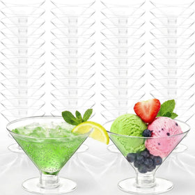 Meolibour 50-pack disposable martini glasses showcase vibrant cocktails in a sleek clear design.