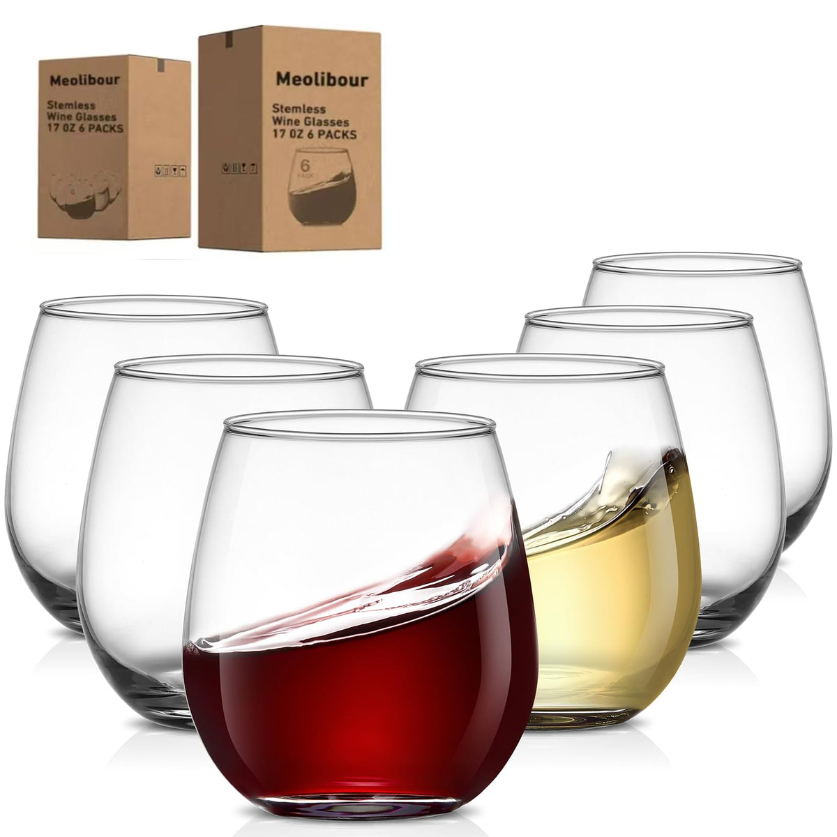 Meolibour large stemless wine glasses 17oz set for generous pours and easy stacking.