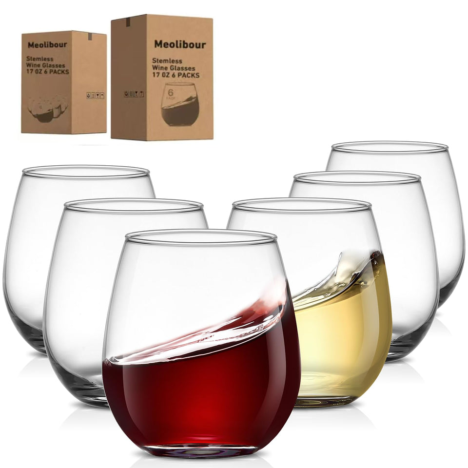 Meolibour large stemless wine glasses 17oz set for generous pours and easy stacking.