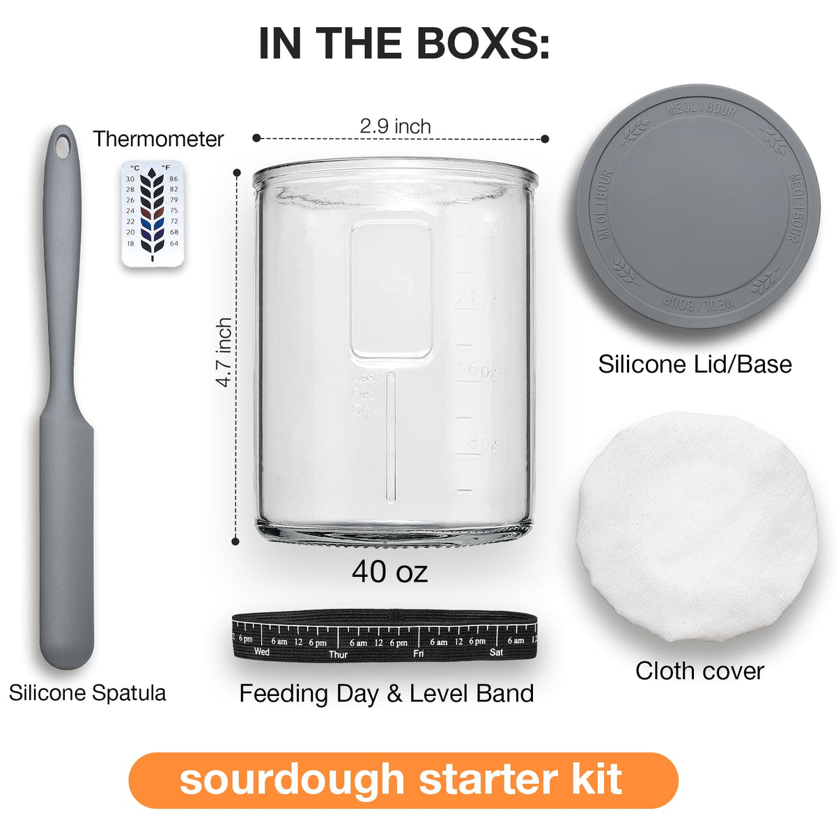 Meolibour starter jar kit with thermometer, cloth cover, and spatula for organized baking.